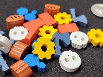 Axe, bread, skull, gear, bottle, brick, tokens
